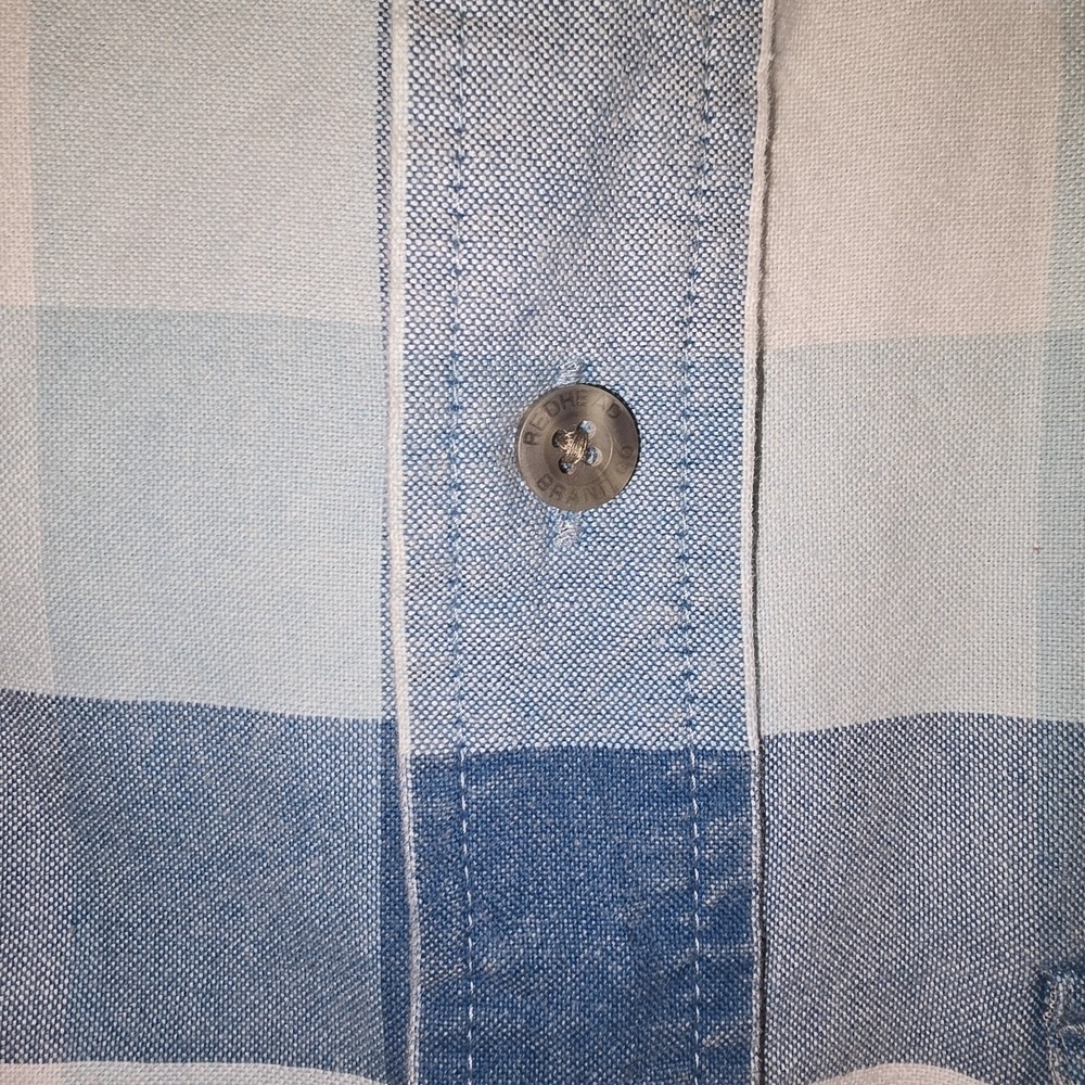 Red Head Blue Plaid Button Up Short Sleeve Shirt Outdoor Casual Spring Mens Sz L - Picture 5 of 10
